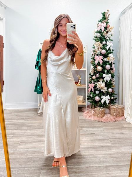 Metallic Cowl Neck Asymmetrical Dress