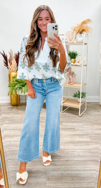 3/4 Sleeves Stripe Contrast Floral Top