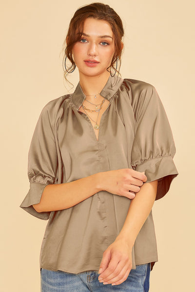 Satin V-Neck Open Short Sleeve Top