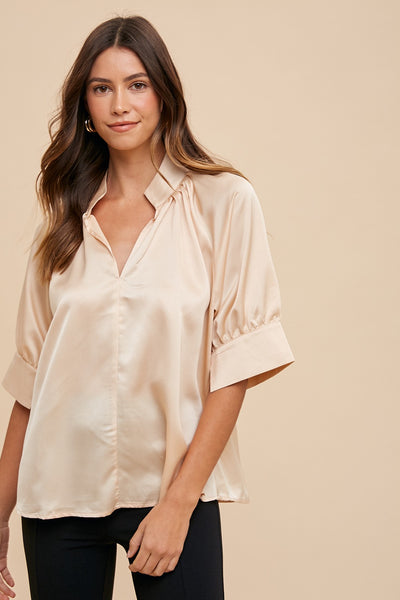 Satin V-Neck Open Short Sleeve Top