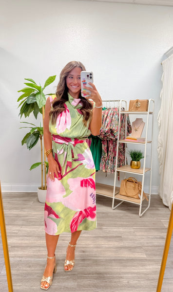 Floral Sleeveless Satin Midi Dress