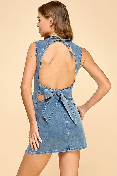 Round Neck Open Back Denim Set