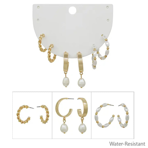 Water Resistant Set of 3 Pearl Huggie Earrings