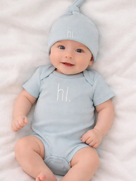Hi. Embroidered Surf Blue Knit Onesie