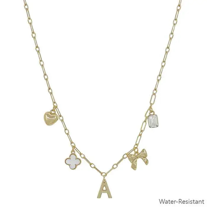Water Resistant Gold Chain Initial Charm w/ Clover, Puffy Heart, Bow Necklace