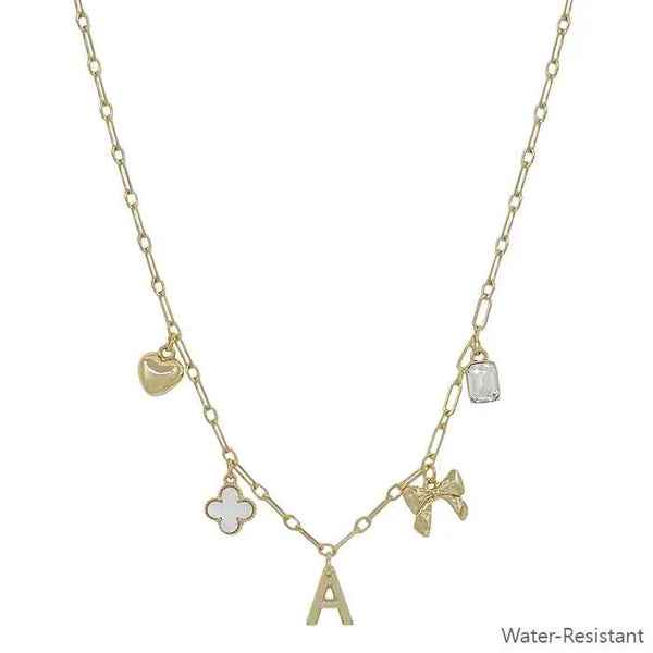 Water Resistant Gold Chain Initial Charm w/ Clover, Puffy Heart, Bow Necklace