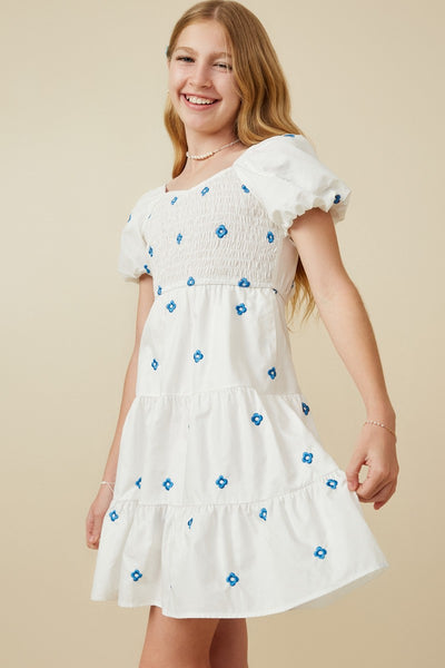 Girls Floral Embroidered Square Neck Dress