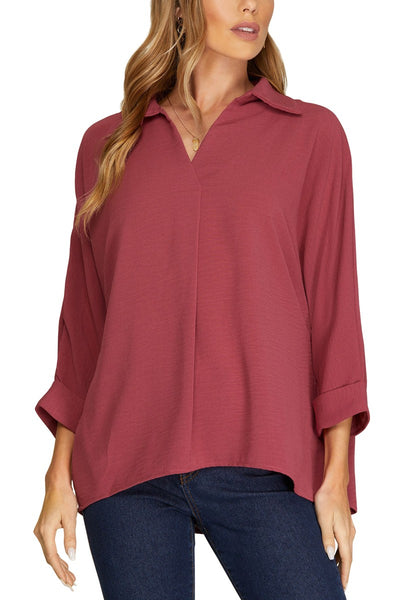 3/4 Sleeve Collared Woven Top