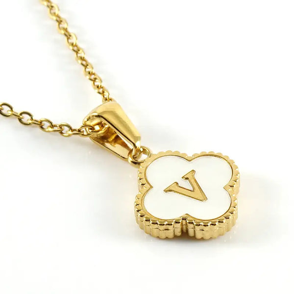 Clover Shell Initial Charm 18K Golden Steel Necklace