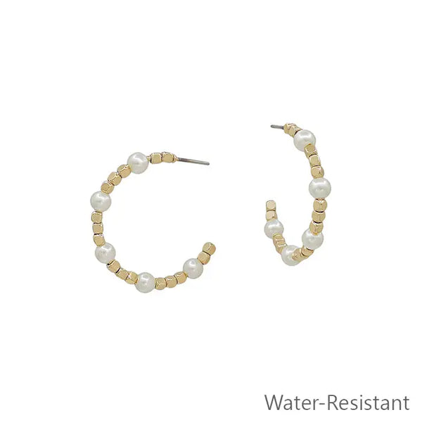 Water Resistant Gold Square Beaded w/ Pearl 1" Hoop Earring