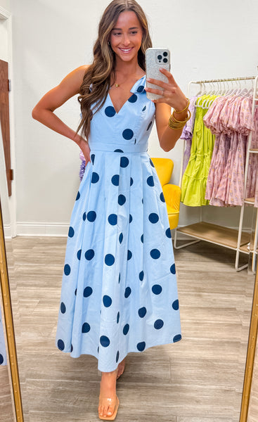 Polka Dot V-Neck Pleated Midi Dress