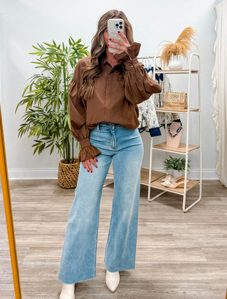 Solid Long Sleeve Button Down Top