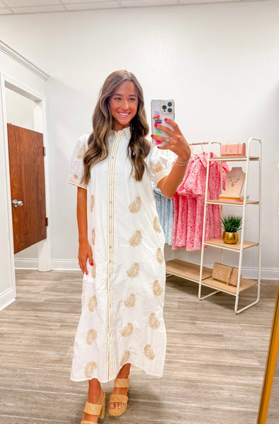 Embroidered Puff Sleeve Midi Dress