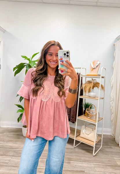 Lace Applique Detail Faux Suede Top