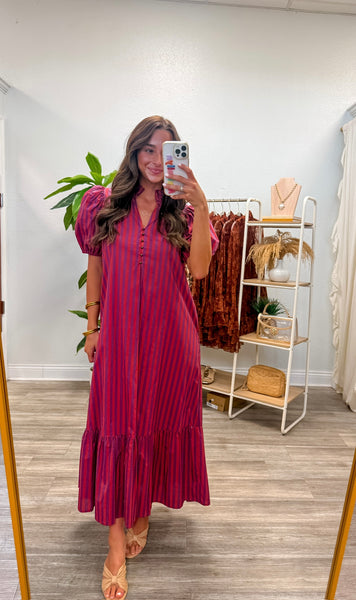 Stripe Short Puff Sleeve Midi Dress
