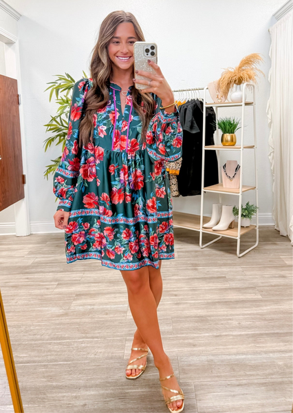 V-Neck Border Print Mini Dress