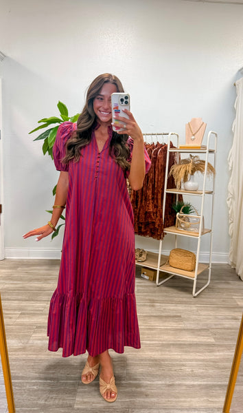 Stripe Short Puff Sleeve Midi Dress