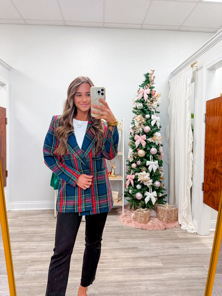 Tweed Padded Shoulder Plaid Blazer