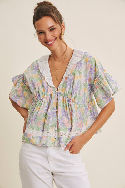 Pastel Floral V-Neck Blouse Top