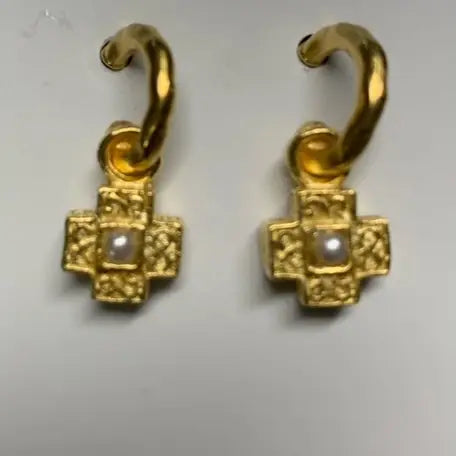 Filigree Cross Earrings With Glass Pearl On Huggie Hoops