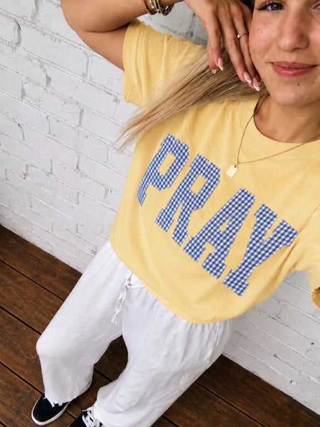 Blue Gingham Pray Short Sleeve Tee