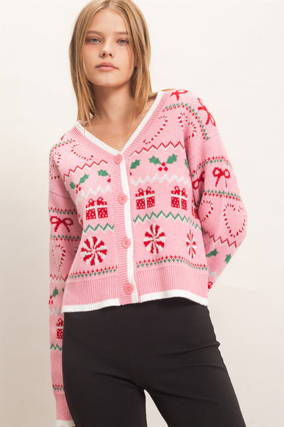 Holiday Jacquard V-Neck Cardigan