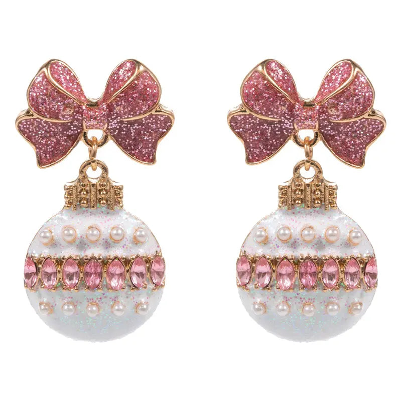 Pink & White Rhinestone Bow & Ornament Christmas 1.5" Earring
