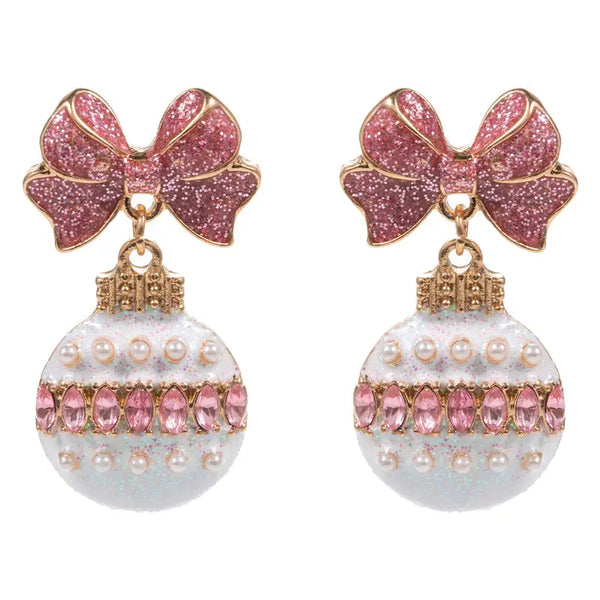 Pink & White Rhinestone Bow & Ornament Christmas 1.5" Earring