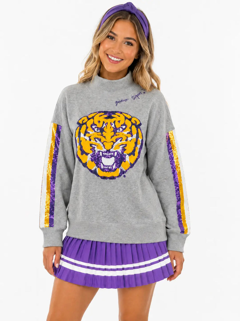 LSU Mock Neck Sequin Stripe Sweatshirt