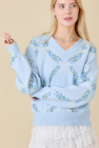 Floral Jacquard V-Neck Sweater
