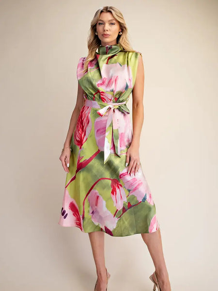 Floral Sleeveless Satin Midi Dress