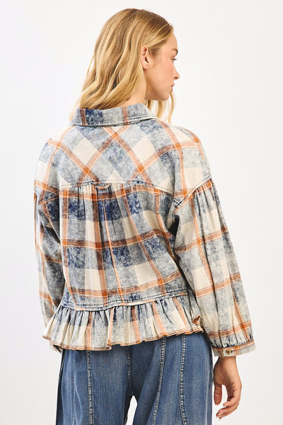 Washed Plaid Balloon Sleeve Top