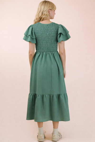 Smocked Ruffle Sleeve Midi Dress