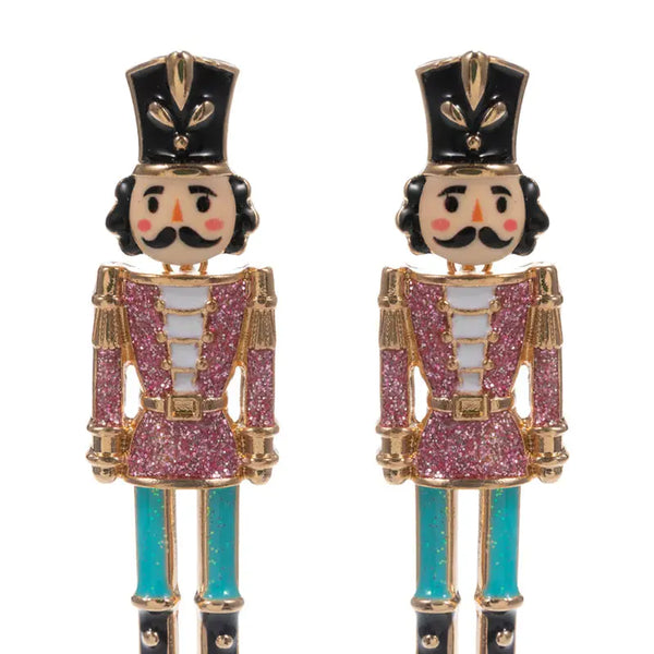 Pink Metal Color Coated Nutcracker 2" Christmas Earring