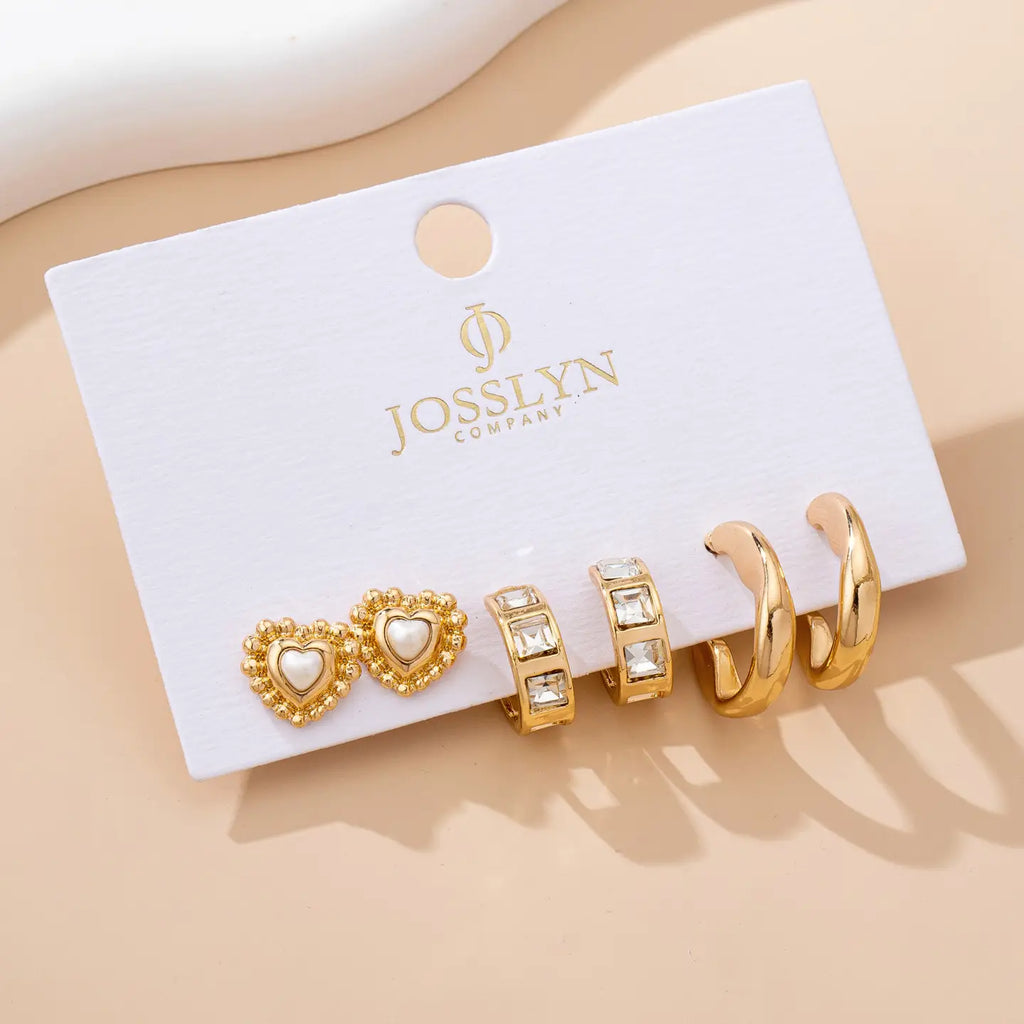 Pearl Heart & Rhinestone Huggie Hoop Trio Earring