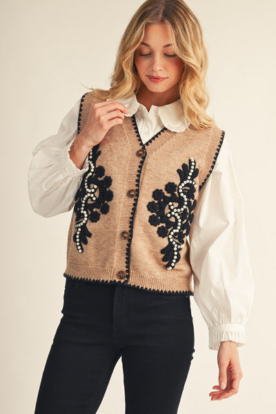 Embellished Accent Button Down Sweater Vest