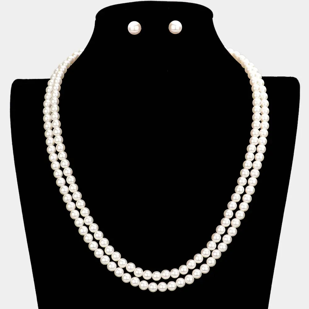 Double Layered Pearl Necklace & Earrings