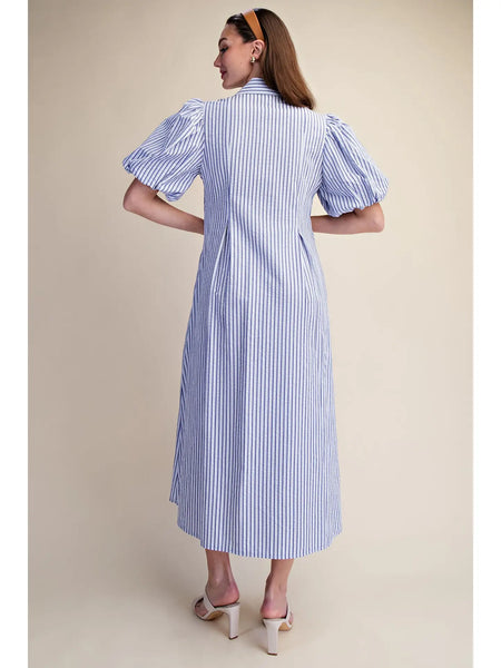 Collar V-Neck Stripe Pleated Midi Dress