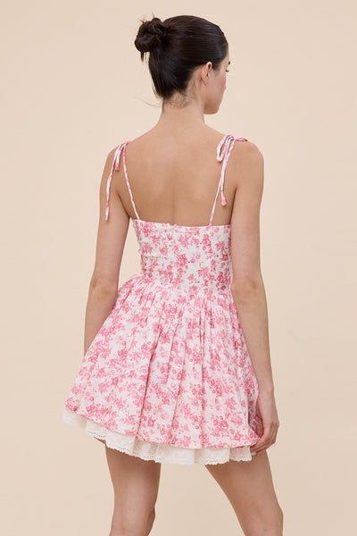 Floral Tie Strap Lace Flare Mini Dress