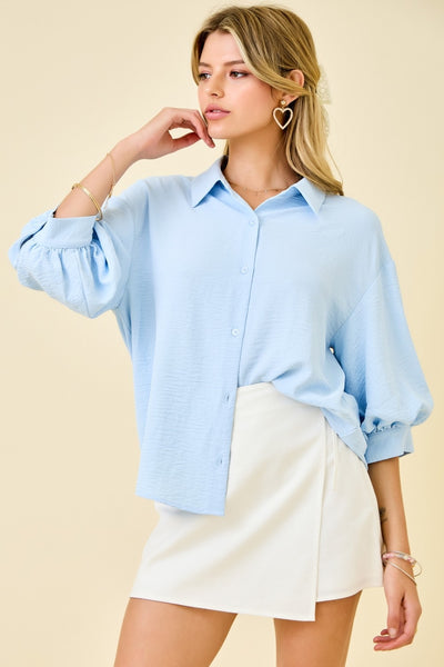 Cuffed Bubble Sleeve Button Down Top