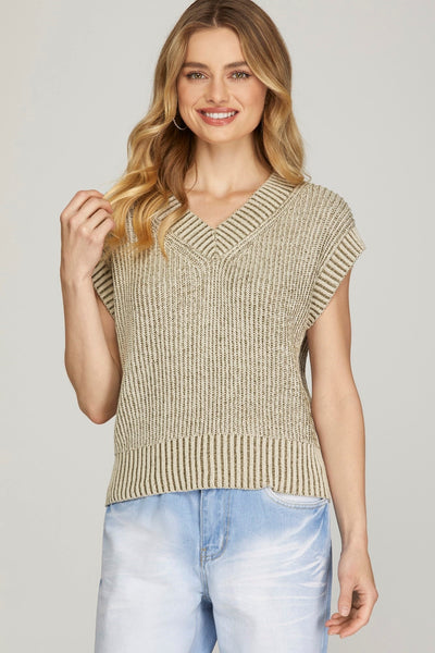V-Neck Two Toned Knit Sweater Vest