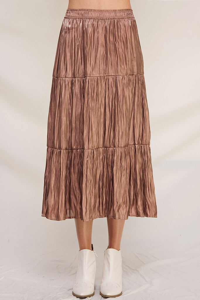 Tiered Crinkle Shimmer Satin Skirt