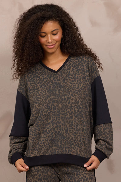 Printed Suede Terry Colorblock V-Neck Top