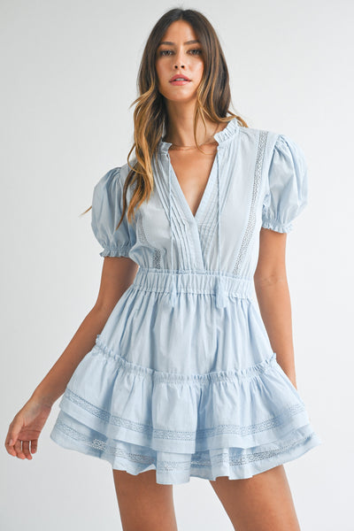 Short Puff Sleeve Mini Ruffle Tier Dress