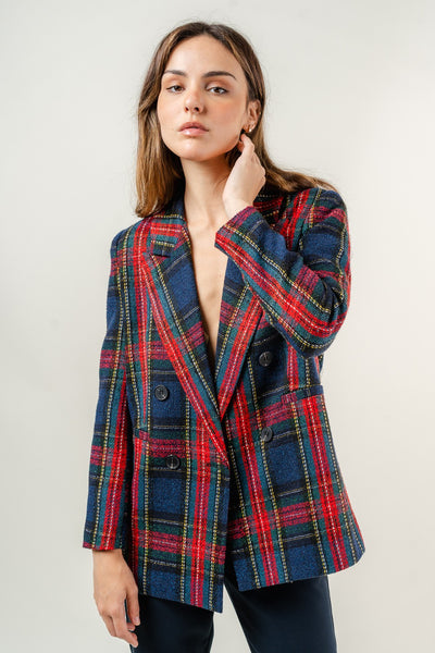 Tweed Padded Shoulder Plaid Blazer