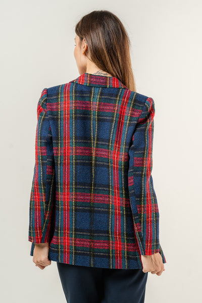 Tweed Padded Shoulder Plaid Blazer