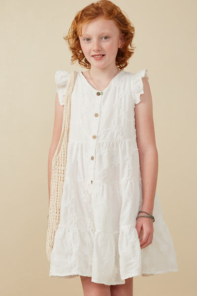 Girls Textured Floral Button Tiered Dress
