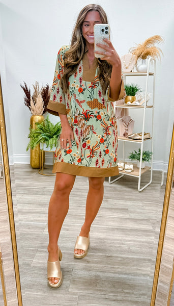 3/4 Sleeves Boho Floral Shift Dress