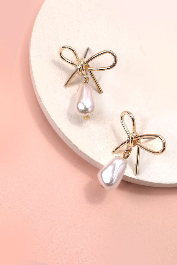 Pearl Dangle Gold Bow Drop Earrings