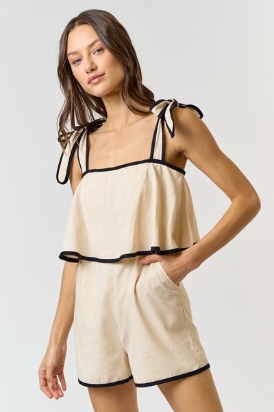 Contrast Binding Shoulder Tie Ruffled Romper